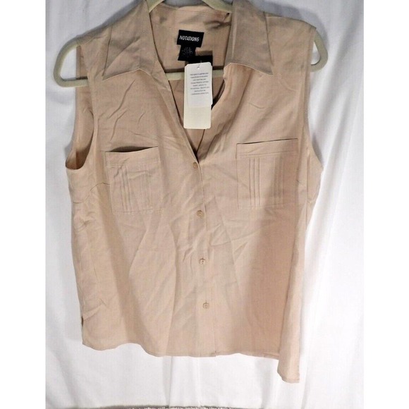 Notations Womens Taupe Silk Sleeveless Collared Pockets Blouse Top Size Large - Picture 1 of 6